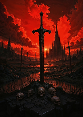 Blade of Desolation: Ancient Sword in a Grim, Blood-Red Apocalyptic Landscape