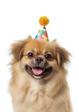 Tibetan Spaniel Dog with Party Hat