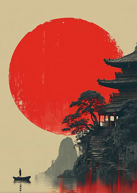 Japanese Temple with Red Sun