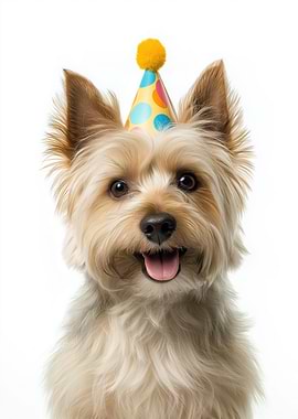 Silky Terrier Dog with Birthday Hat Portrait