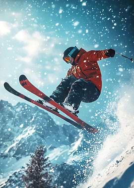 Skier Mid-Air Snowy Mountain