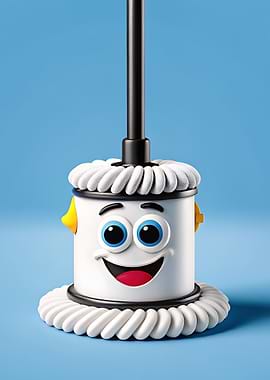 Cartoon Mop with Face on Blue Background