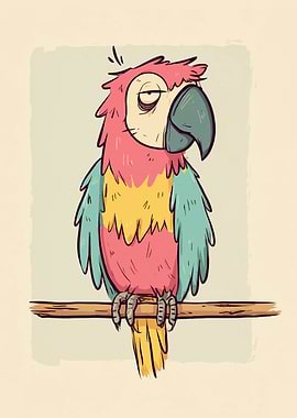 Sleepy Cartoon Parrot on a Branch