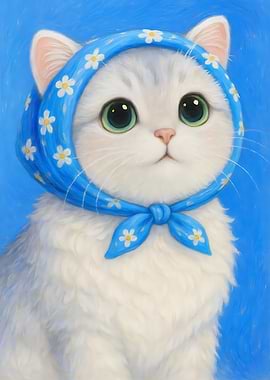 Cute Cat with Blue Floral Scarf