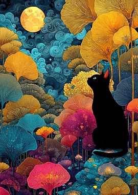 Black Cat in Colorful Floral Landscape
