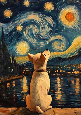 Dog Gazing Starry Night Van Gogh Painting