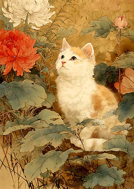 Cat among flowers Vintage painting