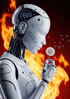 Humanoid Robot with Dandelion in Fire Background