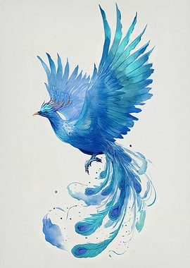 Blue Phoenix Watercolor Illustration