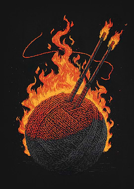 Burning Yarn Ball with Needles