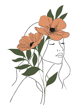 Woman with Flowers Line Art Minimalist Illustration