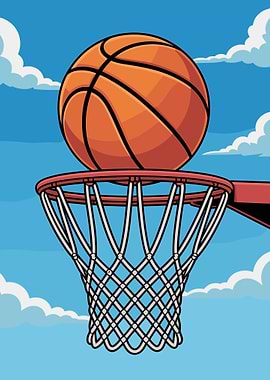 Basketball and hoop against a blue sky