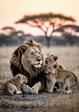 Lion and Cubs at Sunset
