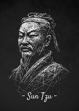 Sun Tzu Portrait - White on Black Scribble Art