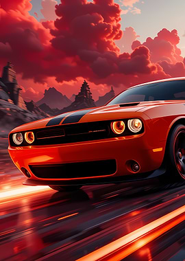 Orange Muscle Car Speeding Through Landscape