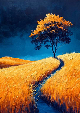 Golden Field with Tree Digital Art