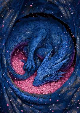 Blue Dragon Resting on Pink Flowers