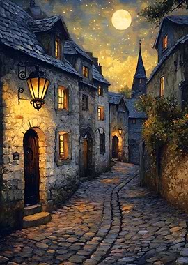 Cobblestone Street at Night with Moon