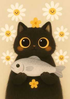 Cute Black Cat with Fish and Flowers