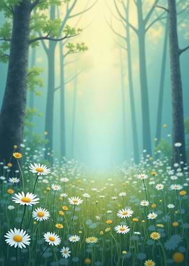 Daisy Field in Misty Forest