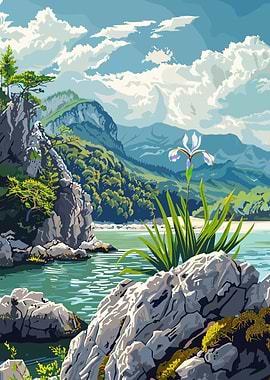 Scenic Lakeside Landscape with Iris Flower