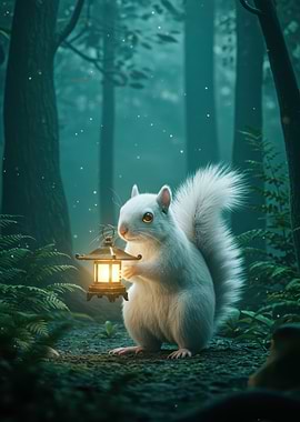 Squirrel with Lantern in Forest