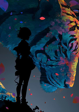 Anime Girl with Colorful Tiger