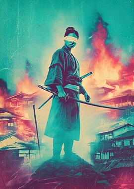 Blindfolded Samurai in Burning Village
