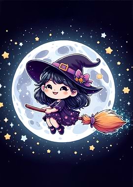Cute Witch Flying Broomstick