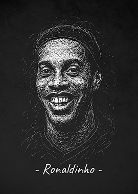 Ronaldinho Portrait - White on Black Scribble Art