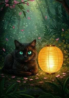 Black Cat with Lantern in Forest