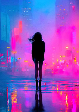 Neon Cityscape with Figure