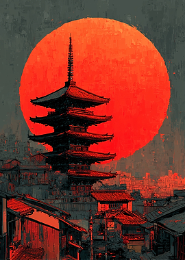 Japanese Pagoda with Red Sun