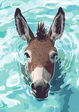 Donkey swimming in blue water