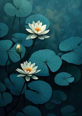 Water Lilies in Teal and White