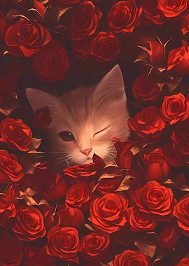 Winking Kitten in Red Roses