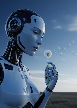 Humanoid Robot with Dandelion in Field