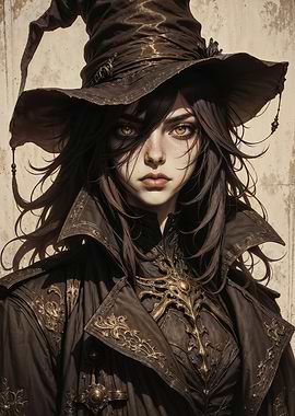 Enchanting Sorceress: A Dark Fantasy Portrait with Piercing Golden Eyes