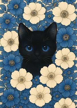 Black Cat Surrounded by Blue Flowers