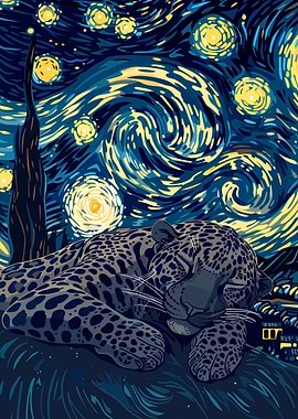 Leopard Sleeping Under Starry Night Sky