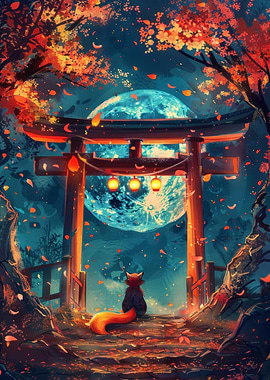 Fox under Torii Gate with Moon