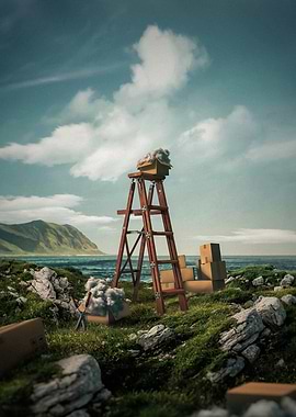 Ladder, Boxes, and Coastal Landscape