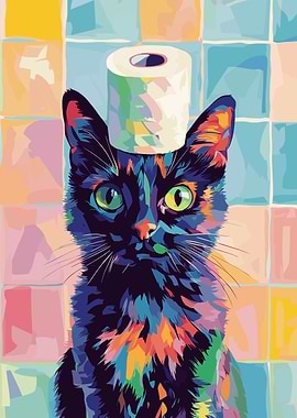 Colorful Cat with Toilet Paper Hat