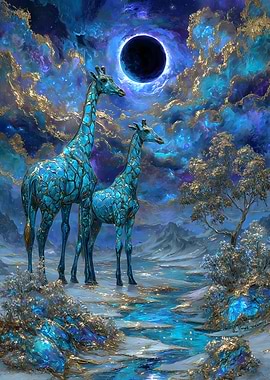 Giraffes in a surreal blue landscape