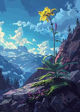 Yellow Lily in Mountain Landscape