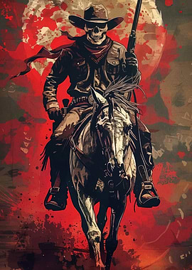 Skeletal Cowboy Riding Horse with Rifle