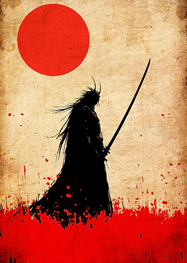 Silhouette Samurai with Katana and Red Sun