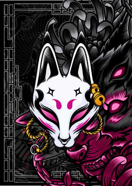 Kitsune Mask and Oni Digital Art
