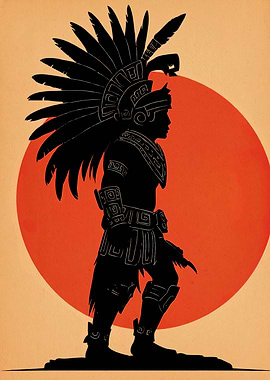 Aztec Warrior Silhouette with Sun Backdrop