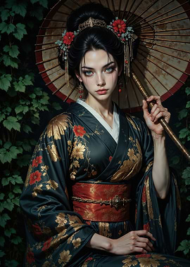 Mystic Japanese Elegance: A Serene Portrait in Gold Kimono with Wagasa